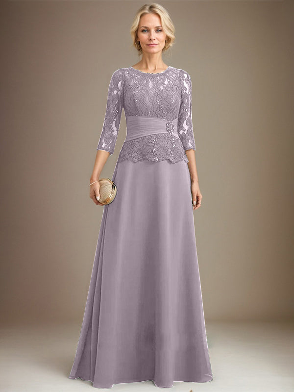 Vestido de gasa con encaje, corte A, ilusión, largo hasta el suelo, para madre de la novia, con lentejuelas plisadas y abalorios