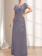Vestido de madre de la novia de gasa con encaje, escote redondo, ilusión, largo hasta el suelo, con lentejuelas