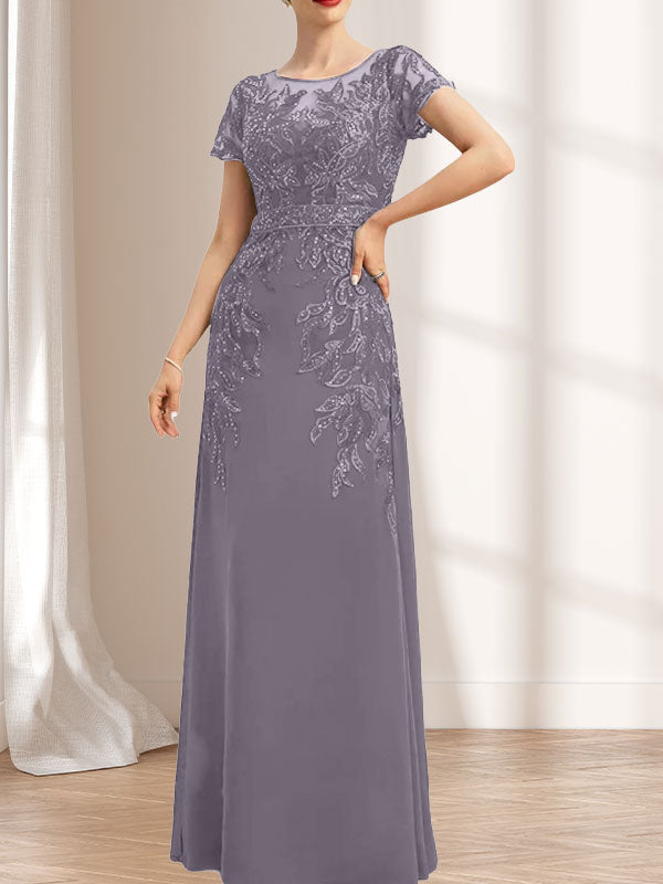 Vestido de madre de la novia de gasa con encaje, escote redondo, ilusión, largo hasta el suelo, con lentejuelas