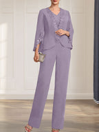 Vestido de gasa para madre de la novia, con escote en V y largo hasta el suelo, de mono/pantalón separado