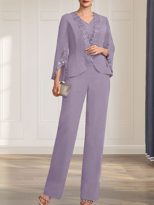 Vestido de gasa para madre de la novia, con escote en V y largo hasta el suelo, de mono/pantalón separado