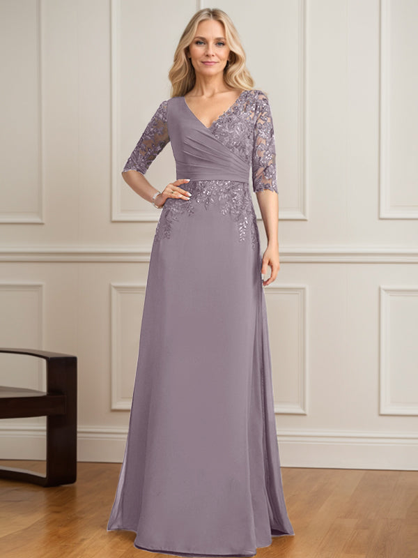 Vestido de madre de la novia de gasa con encaje, escote en V y lentejuelas plisadas hasta el suelo