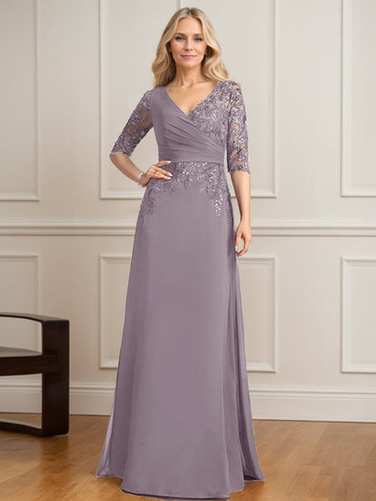 A-Linien-Kleid mit V-Ausschnitt, bodenlangem Spitzenchiffon und plissierten Pailletten 