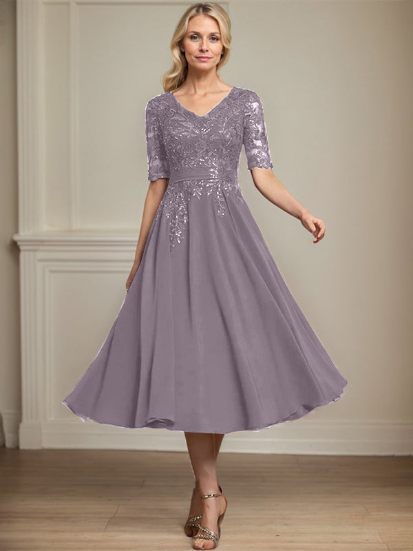 Vestido de gasa con encaje y lentejuelas para madre de la novia, corte A, escote en V y largo hasta la rodilla