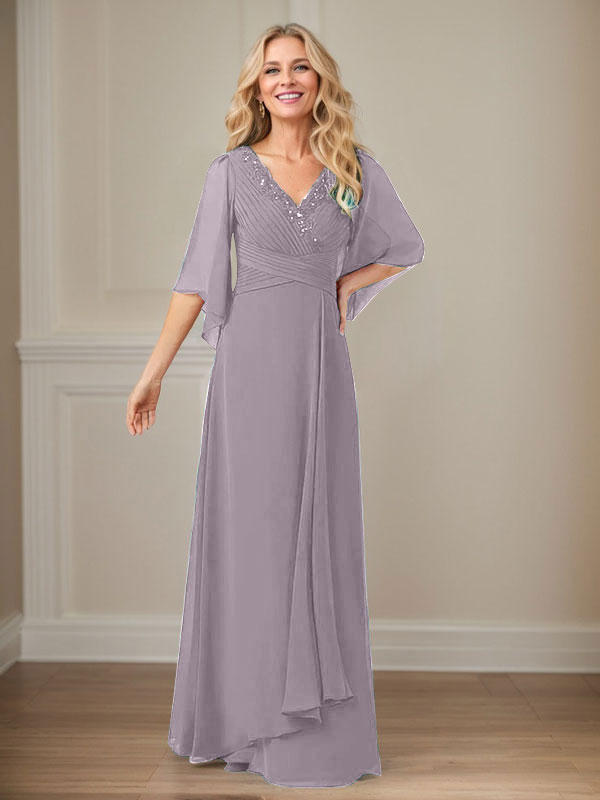 A-Linie V-Ausschnitt Lange Pailletten Chiffon Mutterkleid