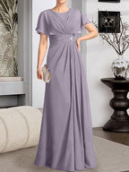 Vestido de gasa para madre de la novia con corte en A, escote redondo y largo hasta el suelo, con cuentas plisadas
