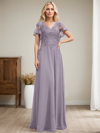 A-Linie V-Ausschnitt Bodenlanges Spitzenchiffonkleid für die Brautmutter mit Pailletten 
