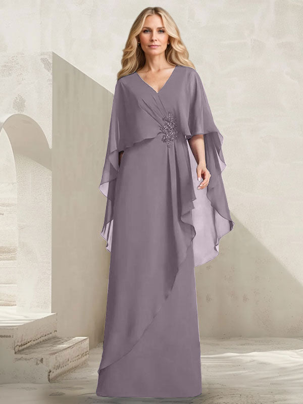 Vestido de gasa para madre de la novia con escote en V, corte A y largo hasta el suelo, con volantes en cascada y cuentas