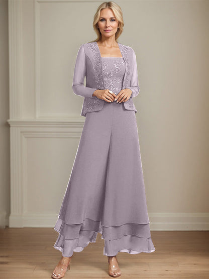 Separates Jumpsuit/Hosenanzug Quadratisches Knöchellanges Spitzenchiffonkleid für die Brautmutter mit Pailletten 