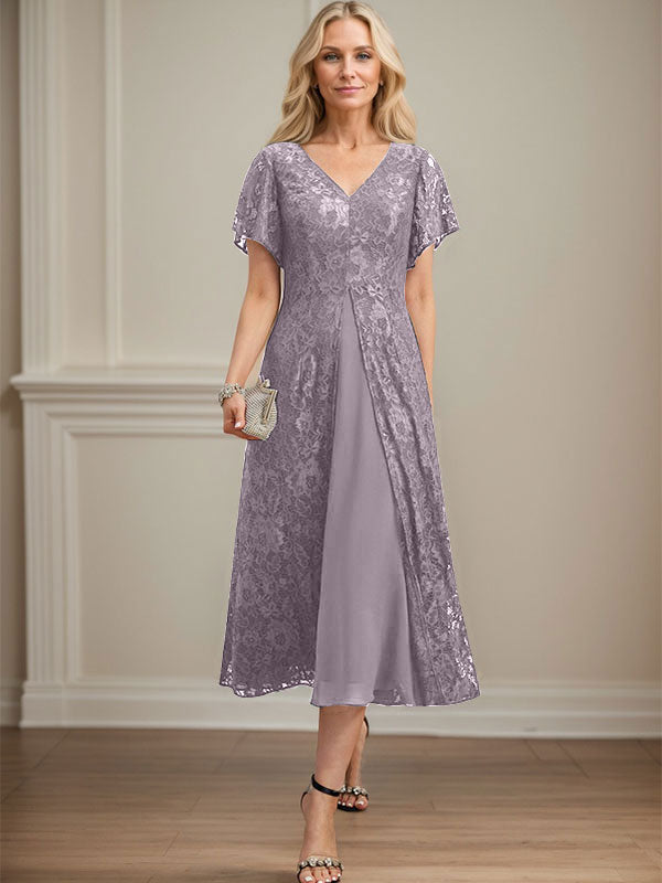 A-Linie V-Ausschnitt Wadenlanges Chiffon-Kleid für die Brautmutter 