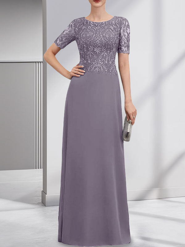 Vestido de gasa con encaje y lentejuelas para madre de la novia, corte A, largo hasta el suelo