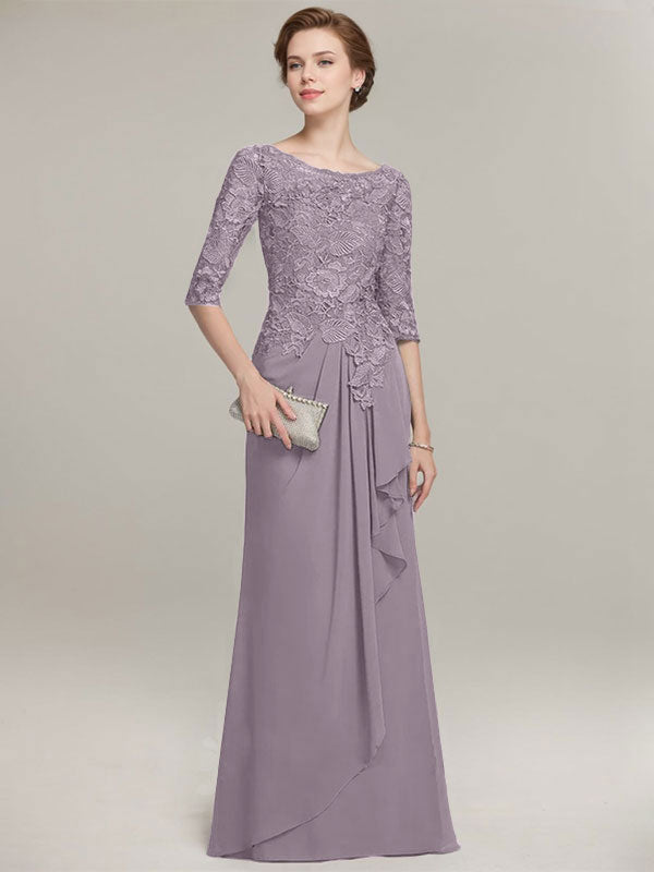 Vestido de gasa con encaje, corte A, escote ilusión, largo hasta el suelo, para madre de la novia con volantes en cascada
