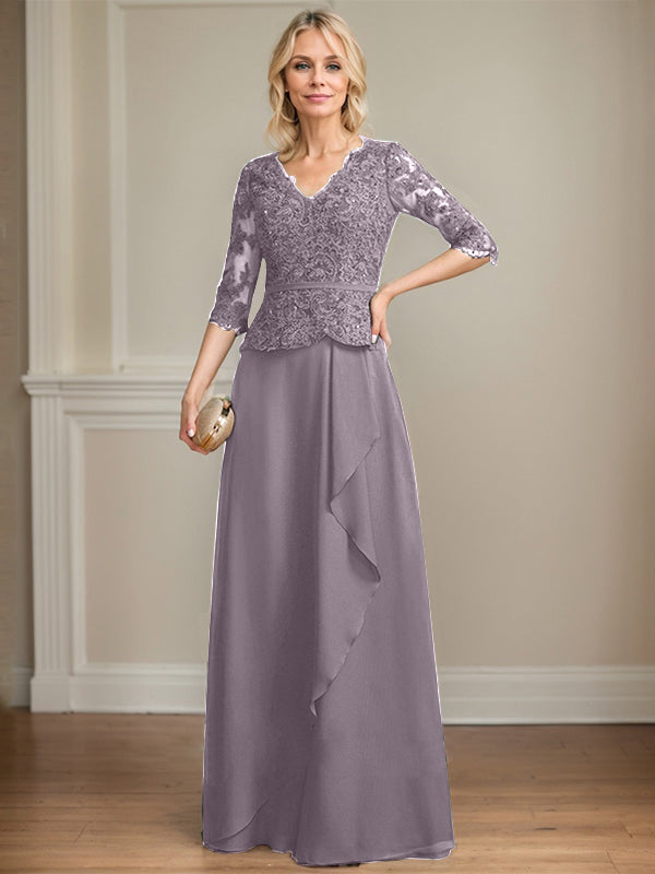 Vestido de madre de la novia de gasa con encaje, escote en V, largo hasta el suelo, con volantes en cascada y lentejuelas