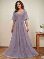 Vestido de gasa para madre de la novia, corte A, escote en V, largo hasta el suelo, con apliques de lentejuelas y encaje plisado
