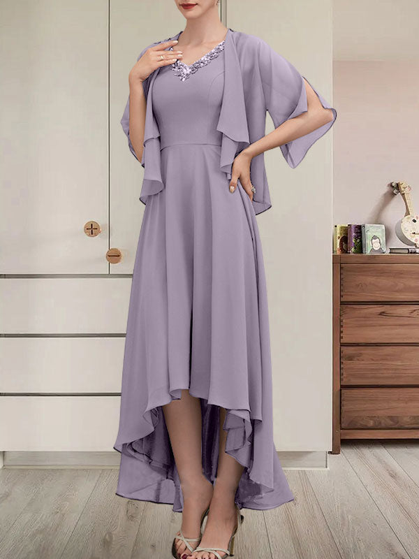 A-Linien-Kleid mit V-Ausschnitt, asymmetrischem Chiffon für die Brautmutter mit Perlen und Pailletten