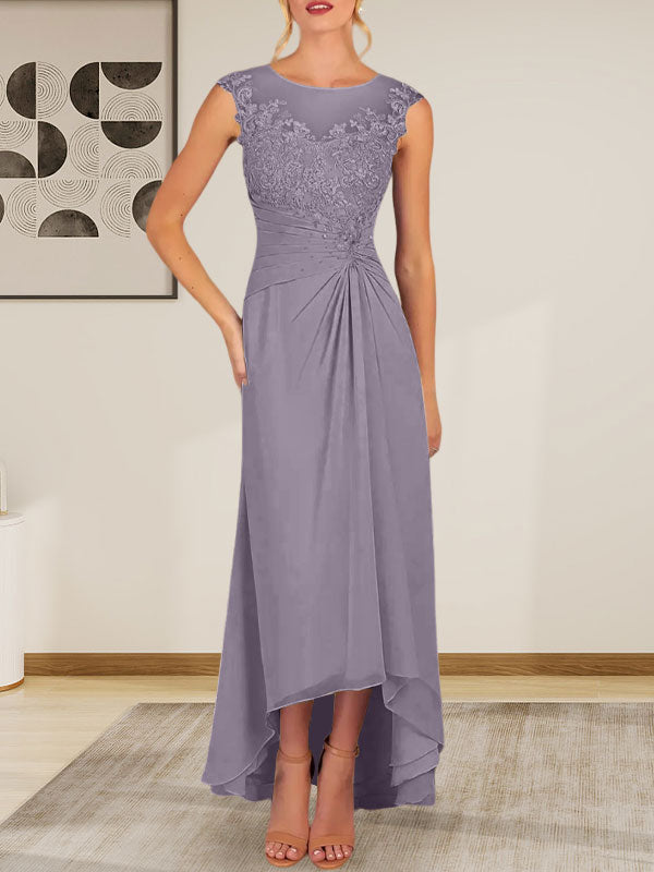 Vestido de gasa con encaje y escote redondo en forma de A color champán