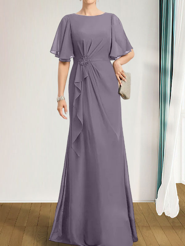 Vestido de gasa para madre de la novia, corte A, escote redondo, largo hasta el suelo, con volantes en cascada, cuentas y lentejuelas