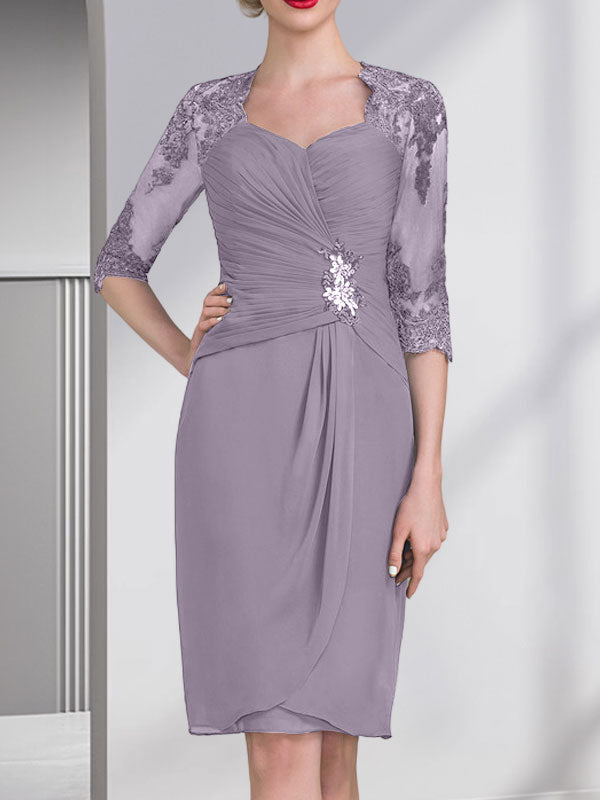 Vestido de gasa para madre de la novia con escote corazón, largo hasta la rodilla, con apliques de cuentas, encaje y lentejuelas plisado.