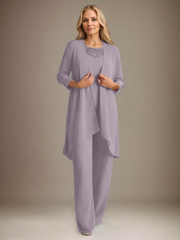 Trajes de gasa con mangas largas y escote redondo para madre de la novia con chaqueta