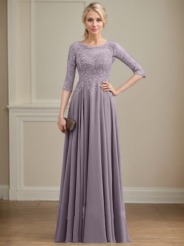 Vestido de gasa con encaje y lentejuelas para madre de la novia, corte A, escote ilusión, largo hasta el suelo