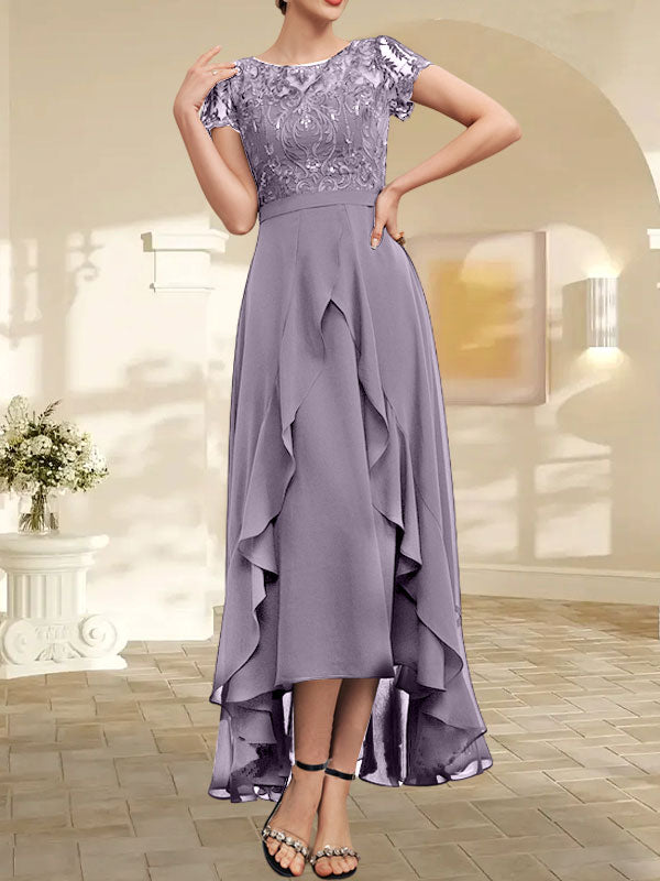 Vestido de madre de la novia de gasa asimétrica con escote en A, ilusión, encaje, lazo, volante y lentejuelas