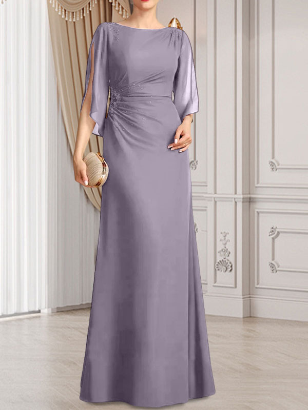 Vestido de gasa para madre de la novia con corte tubo/columna, escote redondo y largo hasta el suelo, con cuentas plisadas