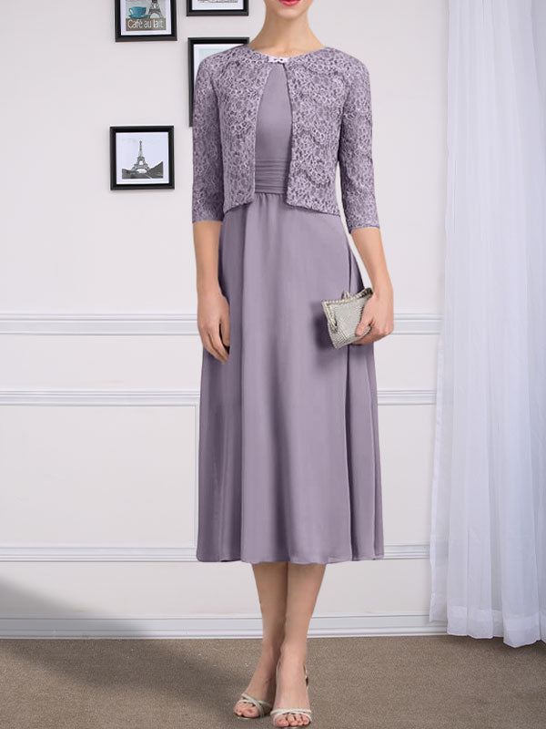 Vestido de gasa para madre de la novia con corte en A, escote redondo y largo hasta la rodilla con pliegues