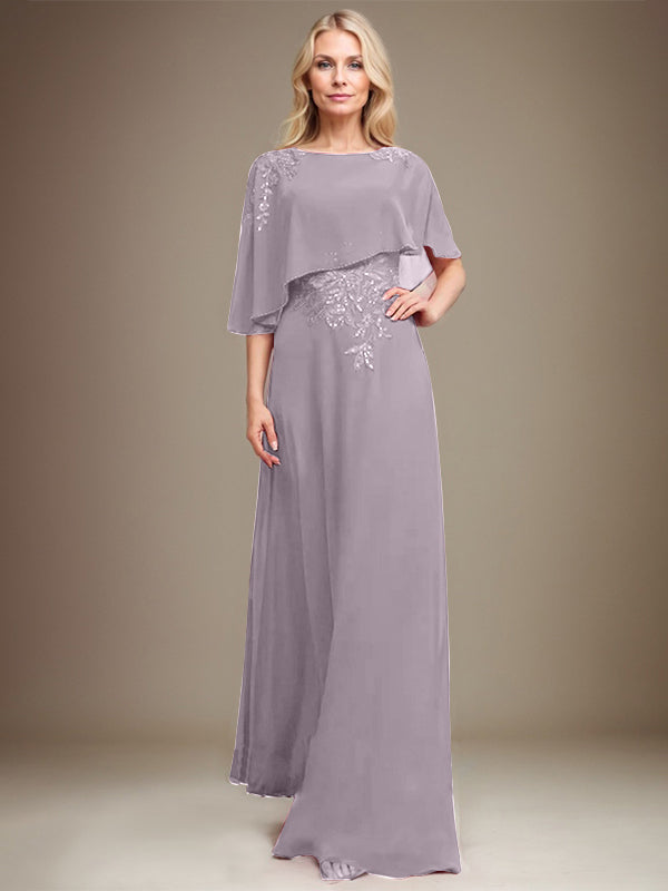 A-Linie U-Ausschnitt Bodenlang Chiffon Spitze Kleid für die Brautmutter mit Pailletten und Perlen 