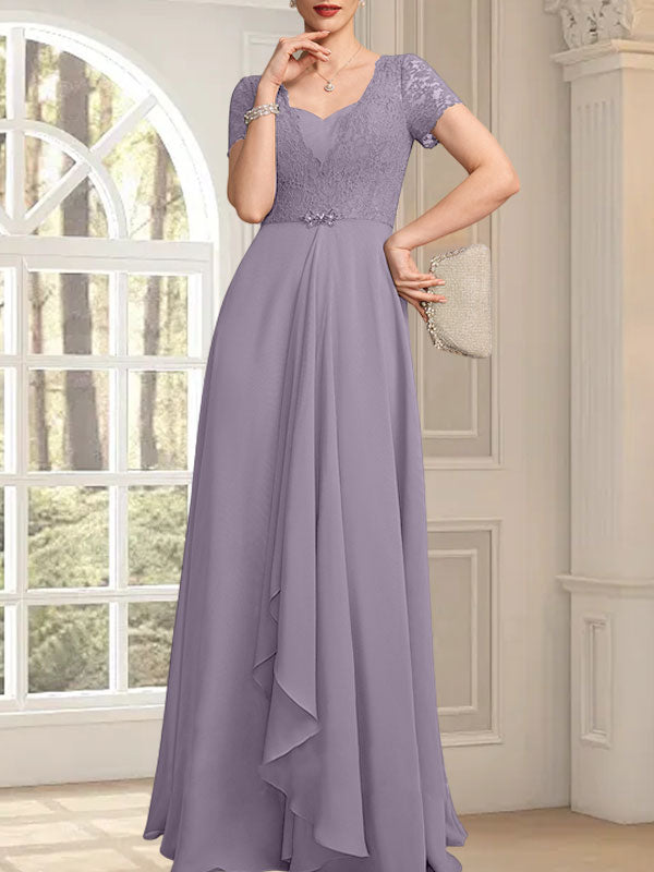 Vestido de madre de la novia de gasa con encaje, corte en A, escote corazón, largo hasta el suelo, con volantes en cascada y cuentas