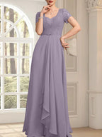 Vestido de madre de la novia de gasa con encaje, corte en A, escote corazón, largo hasta el suelo, con volantes en cascada y cuentas