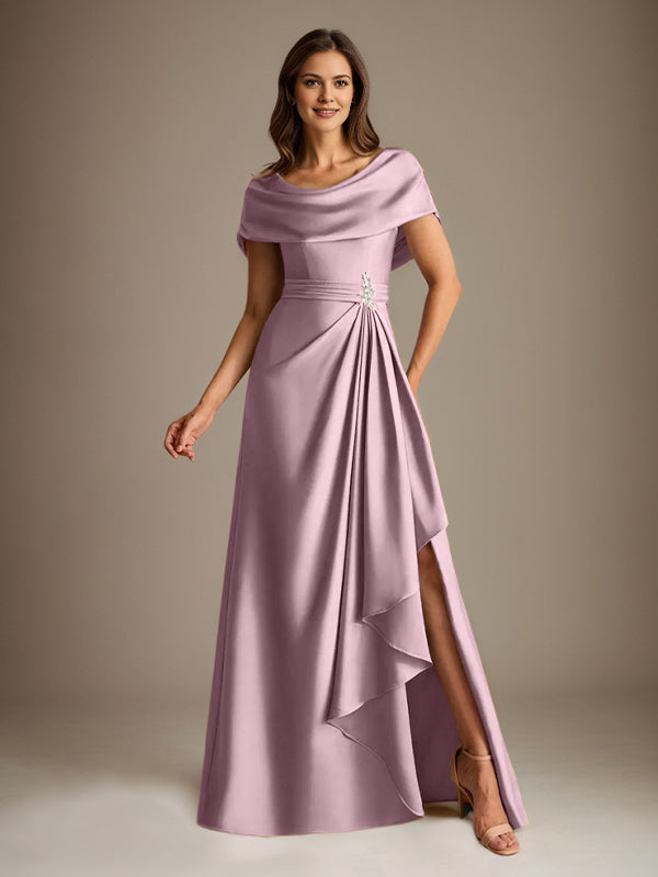 Vestido de madre de la novia de satén elástico, corte A, largo hasta el suelo, con escote redondo y volantes en cascada