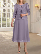 Vestido de gasa con encaje y lentejuelas para madre de la novia, corte A, escote redondo y largo hasta la rodilla