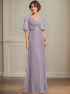Vestido de gasa para madre de la novia, corte A, escote en V, largo hasta el suelo, con apliques de lentejuelas plisadas y encaje