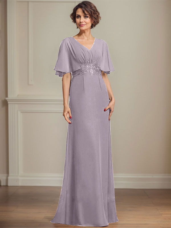 A-Linie V-Ausschnitt Bodenlanges Chiffonkleid für die Brautmutter mit plissierten Paillettenapplikationen Spitze