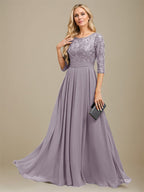Vestido de madre de la novia de gasa con encaje, corte A, largo hasta el suelo y apliques de lentejuelas