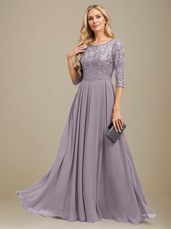 Vestido de madre de la novia de gasa con encaje, corte A, largo hasta el suelo y apliques de lentejuelas