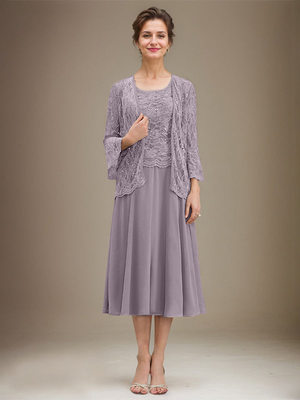 Vestido de gasa con encaje y lentejuelas para madre de la novia, corte A, escote redondo y largo hasta la rodilla