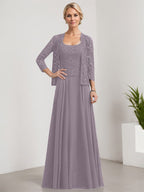Vestido de madre de la novia de gasa con encaje, corte A, largo hasta el suelo, cuadrado y lentejuelas