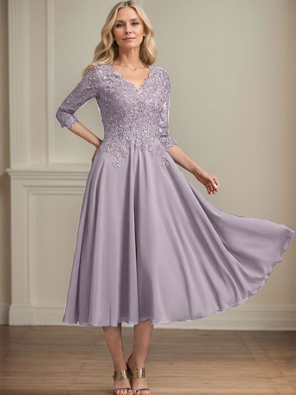A-Linie V-Ausschnitt Wadenlanges Chiffon-Spitzenkleid für die Brautmutter mit Perlen und Pailletten 