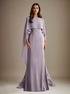 Vestido de gasa para madre de la novia, largo hasta el suelo, con escote barco y corte tubo/columna y volantes en cascada