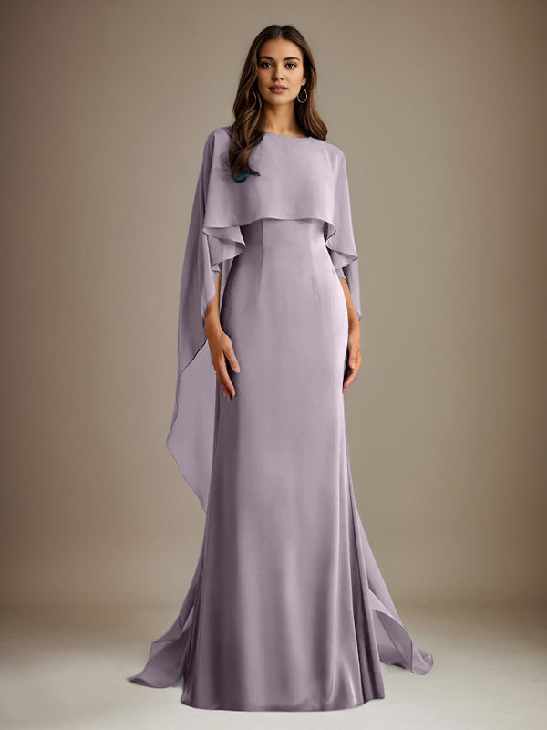Vestido de gasa para madre de la novia, largo hasta el suelo, con escote barco y corte tubo/columna y volantes en cascada