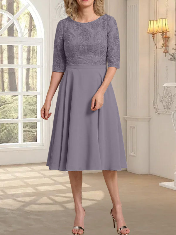 Vestido de gasa con encaje y escote redondo hasta la rodilla para madre de la novia