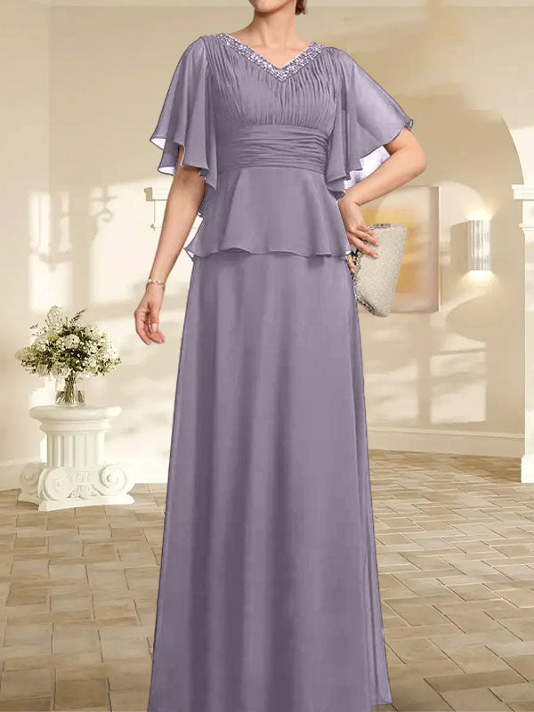 A-Linien-Kleid aus Chiffon mit V-Ausschnitt und bodenlangem Schnitt für die Brautmutter mit plissierten Perlen