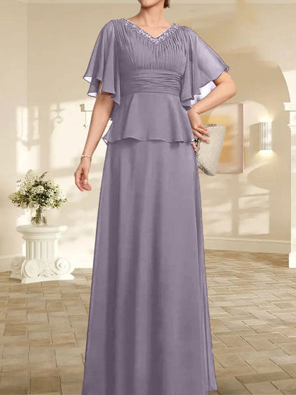 A-Linien-Kleid aus Chiffon mit V-Ausschnitt und bodenlangem Schnitt für die Brautmutter mit plissierten Perlen