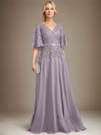 Vestido de gasa con encaje y escote en V hasta el suelo para madre de la novia con broche de cristal y diamantes de imitación