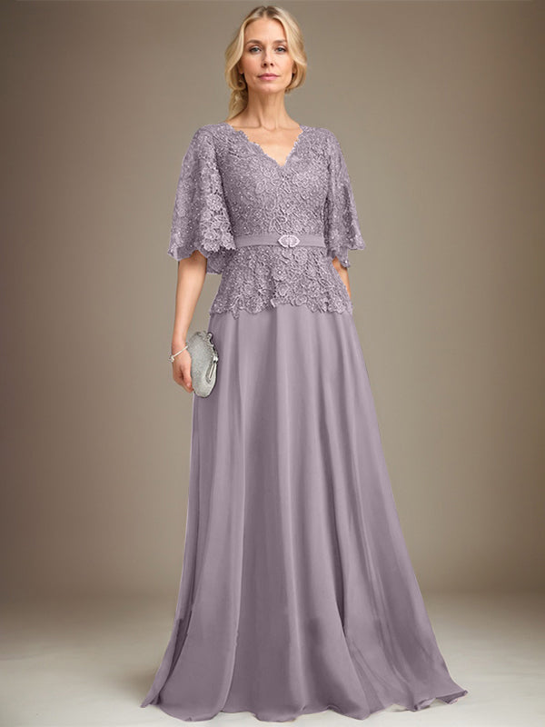 A-Linie V-Ausschnitt Bodenlanges Chiffon-Spitzenkleid für die Brautmutter mit Kristallbrosche und Strass 