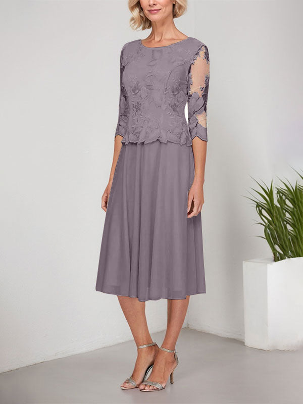Vestido de gasa con encaje y bordado para madre de la novia, corte A, escote redondo y largo hasta la rodilla
