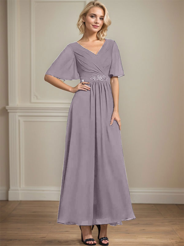 Vestido de gasa para madre de la novia con escote en V, largo hasta los tobillos, corte A y lentejuelas plisadas con cuentas