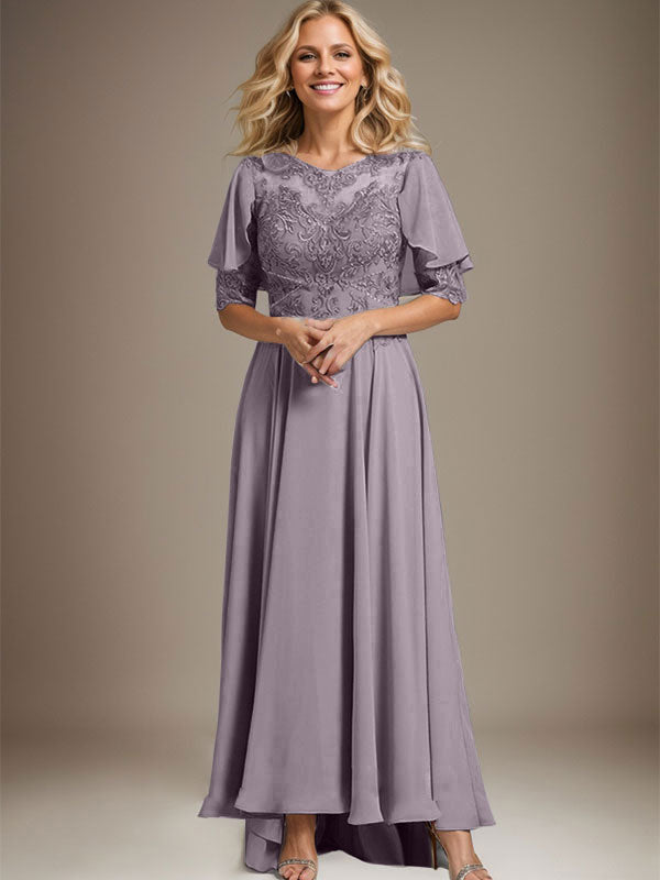 Vestido de madre de la novia de gasa asimétrica con encaje, ilusión, corte A y escote redondo con cuentas