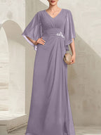 Vestido de gasa para madre de la novia, con escote en V, largo hasta el suelo, con lentejuelas plisadas y abalorios